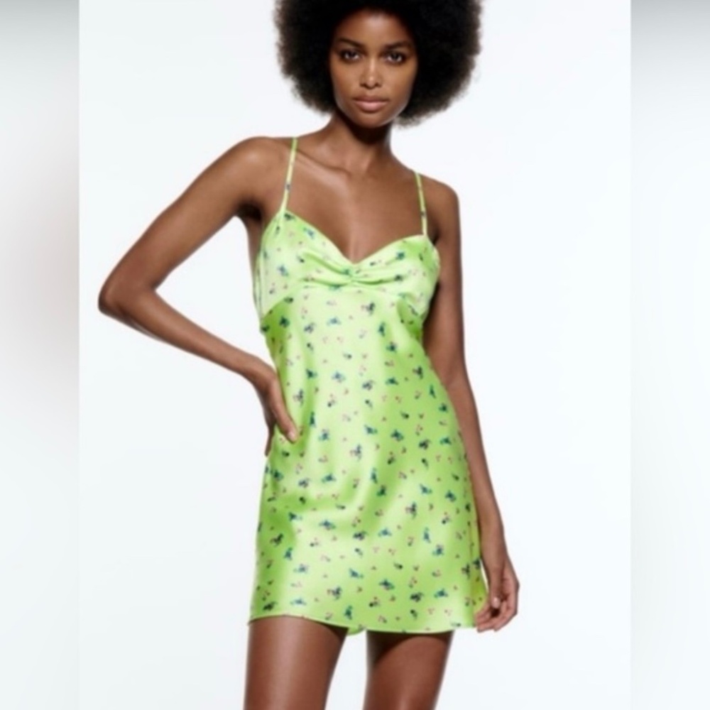 Zara Silk Green Floral Mini Dress